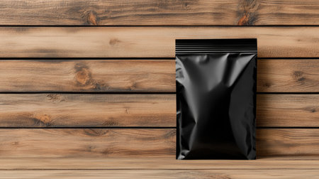 A sleek black packaging bag presented on a rustic wooden surface, ideal for product mockups, advertising, and creative designs. Perfect for showcasing branding.の素材