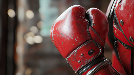Detailed close-up of a worn red boxing glove on a fist, representing the spirit of sport and competition. Ideal for fitness, training, and motivation themes.の素材