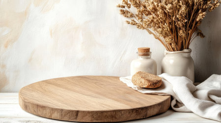A beautiful rustic wooden board set with delicious baked goods beside a lovely arrangement of dried flowers in gentle tones, creating a cozy kitchen atmosphere.の素材