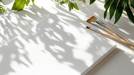 A blank canvas rests beside art brushes in a serene setting. Shadows from lush greenery create a calming atmosphere, ideal for inspiration and creative projects.の素材