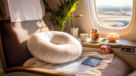 A cozy travel scene with a neck pillow, passport, and beverage on an airplane seat. Perfect for showcasing luxury travel comfort and adventure essentials.の素材