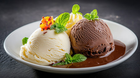 Enjoy this beautifully presented dessert featuring creamy ice cream scoops topped with rich chocolate sauce and fresh mint leaves. Perfect for any occasion.の素材