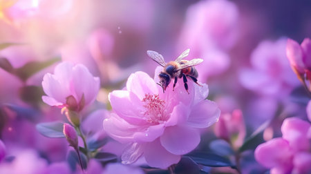 A stunning bee gathering nectar from a vibrant pink blossom in a garden, showcasing the beauty of nature and the delicate process of pollination.の素材