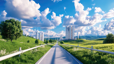 A picturesque urban pathway invites visitors to explore lush green fields under a vivid blue sky filled with clouds, showcasing a blend of nature and modern architecture.の素材