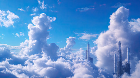 A captivating view of fluffy clouds against a clear blue sky, with industrial structures emerging from the vapor, symbolizing the intersection of nature and technology.の素材