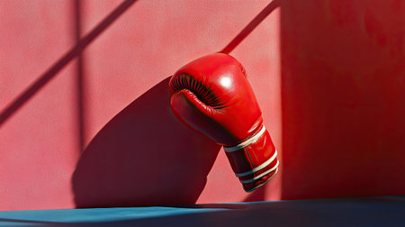 A vibrant red boxing glove hangs against a textured pink wall, casting soft shadows. The image captures the spirit of sport and determination in a modern setting.の素材