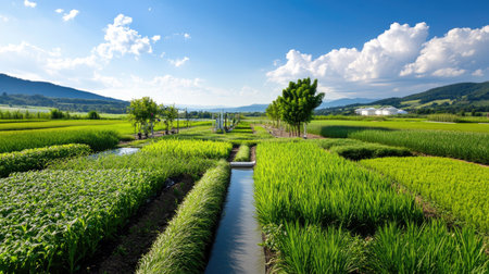 Expansive view of vibrant green fields intersected by a water channel under a blue sky, showcasing the beauty of rural agriculture and nature's tranquility.の素材