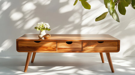 A beautifully crafted wooden coffee table showcasing sleek lines and minimal design, illuminated by natural light, creating a serene home atmosphere.の素材