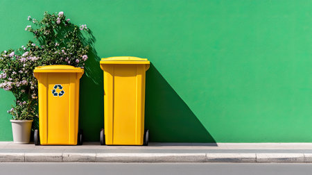 This vibrant image captures yellow recycling bins against a striking green wall, highlighting urban sustainability and eco-friendly practices in a clean environment.の素材