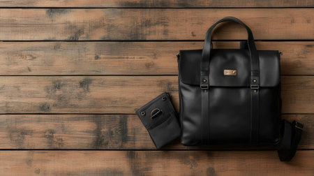 A stylish black leather bag accompanied by a sleek wallet rests elegantly on a rustic wooden surface, perfect for professionals seeking sophistication and organization.の素材