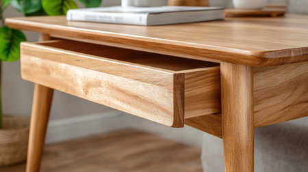 This image showcases a modern wooden desk featuring an open drawer, presented in a cozy home environment. The design highlights natural materials and minimalistic style.の素材