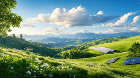Captivating view of rolling green hills adorned with solar panels, under a bright blue sky filled with fluffy clouds, showcasing the harmony of nature and technology.の素材