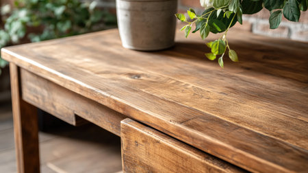 A beautiful rustic wooden table made of rich brown wood, adorned with a simple potted plant. This serene setting allows natural light to create a warm ambiance, perfect for home or workspace decor.の素材