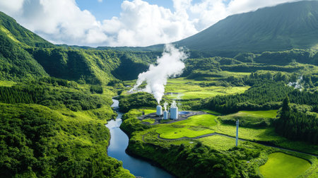 A breathtaking aerial view of a lush green landscape featuring a geothermal energy facility against majestic mountains, reflecting sustainable energy solutions and natural beauty.の素材