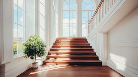 A beautifully designed interior staircase bathed in natural light, featuring elegant wooden steps and a potted plant, creating a serene and inviting atmosphere.の素材