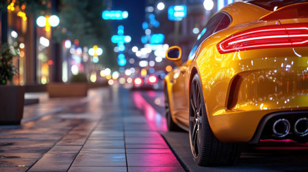 A striking yellow sports car is gracefully parked at night, showcasing sleek design against the backdrop of a vibrant urban environment.の素材
