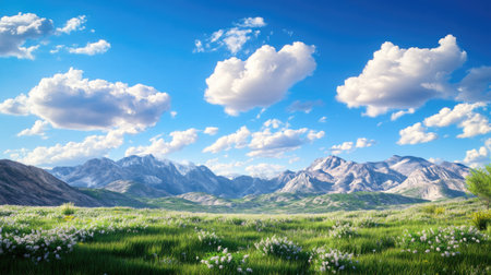 A stunning mountain landscape featuring green grass and fluffy white clouds in a clear blue sky, showcasing the beauty of nature and tranquility.の素材