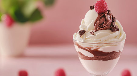 A mouthwatering dessert featuring creamy ice cream layered with chocolate, topped with whipped cream and fresh raspberries, perfect for any occasion.の素材