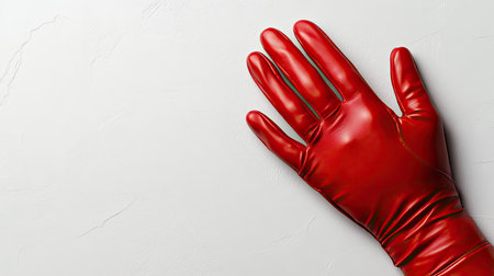 A bright red glove rests on a smooth white surface, ideal for cleaning or medical applications. The shiny texture adds an artistic touch to the composition.の素材
