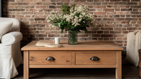 A cozy living room featuring a rustic wooden coffee table adorned with a beautiful floral arrangement in a glass vase, set against a charming brick wall, creating a warm and inviting atmosphere.の素材