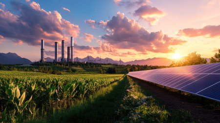 A stunning landscape featuring solar panels in a vibrant field, with a power plant in the background. This image captures the harmony between nature and technology at sunset.の素材