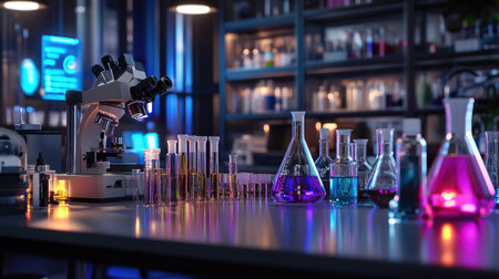 A well-lit laboratory workspace featuring a microscope and colorful chemical solutions in various glassware. This setting emphasizes scientific research and experimentation.の素材