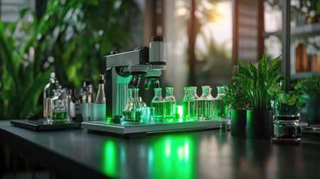 A modern laboratory scene featuring microscopes, illuminated glassware, and vibrant plants, illustrating the intersection of science and nature in research environments.の素材