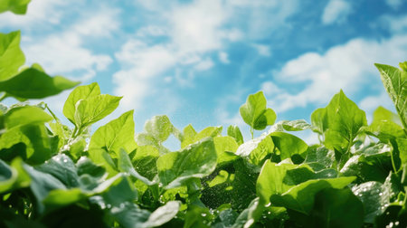 A vibrant view of lush green leaves reaching towards a bright blue sky, illuminated by sunlight. This image captures the beauty and freshness of nature, perfect for themes of growth, tranquility, and outdoor settings.の素材