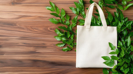 A blank canvas tote bag rests on a wooden surface with fresh green leaves nearby, creating a perfect balance of nature and minimalistic design for eco-conscious projects.の素材