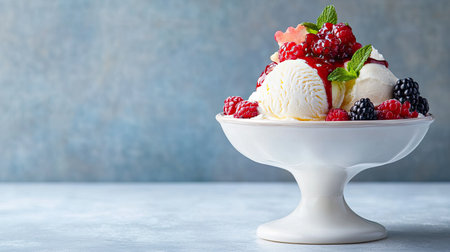A vibrant ice cream bowl topped with fresh berries and mint, perfect for summertime indulgence. This colorful dessert spread evokes a sense of freshness and joy.の素材