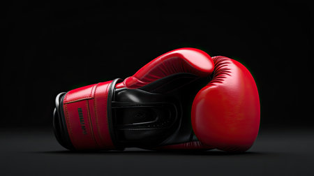 This image features a striking red boxing glove resting on a black background, emphasizing themes of strength and determination in sports and fitness.の素材