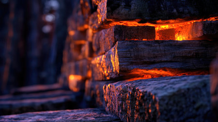 This image features a close-up view of glowing rocks in a dark setting, highlighting their natural beauty and textures during dusk. The warm light emanates from the stone formations, creating a serene and atmospheric scene.の素材