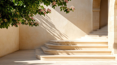 A stunning staircase featuring smooth steps, soft shadows, and rich green foliage. This serene architectural piece captures the essence of minimalism and natural beauty.の素材