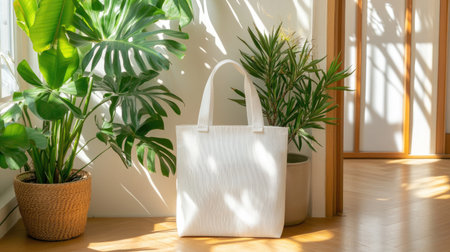 A stylish white tote bag placed in a sunlit room with beautiful indoor plants. The setting radiates calmness and elegance, perfect for a modern home.の素材