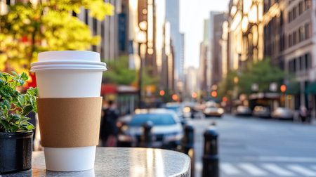 A vibrant morning scene featuring a takeout coffee cup on a table with an urban backdrop. The sun illuminates the city streets, creating a lively atmosphere.の素材