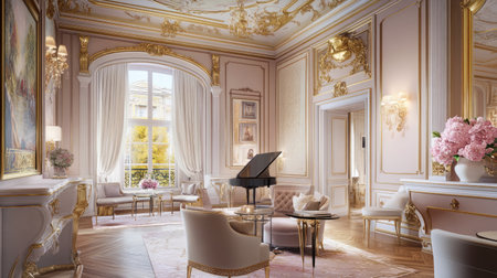 Experience the elegance of a luxurious living space filled with warmth. The harmonious blend of pastel colors and opulent details creates a sophisticated atmosphere.の素材