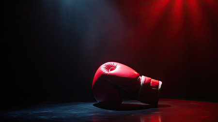 A striking image of a red boxing glove resting on a dark surface, illuminated by dramatic lighting. Perfect for sports, fitness, or motivation themes.の素材