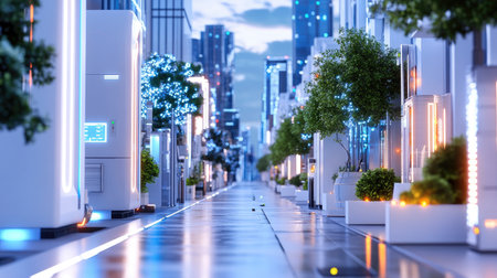 A captivating view of a futuristic urban street designed with neon lights and modern architecture. The serene atmosphere blends technology with nature, creating a vibrant city landscape.の素材