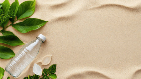 A refreshing water bottle placed among vibrant green leaves on soft sand. This image evokes a sense of nature, health, and summer relaxation. Perfect for wellness and eco-friendly themes.の素材