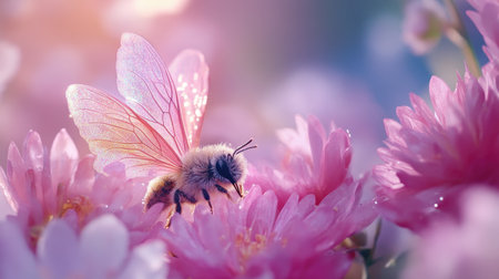 A captivating scene of a bee with transparent, colorful wings resting on soft pink flowers. This enchanting image captures the beauty of nature's delicate pollinators in a dreamy garden setting.の素材