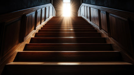 A captivating wooden staircase illuminated by bright light from above, creating a tranquil and inviting atmosphere in a dimly lit space. Ideal for themes of journey and exploration.の素材