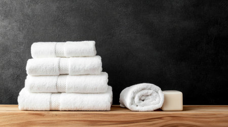 A serene arrangement of crisp white towels stacked neatly on a wooden surface, accompanied by a simple bar of soap. This image evokes a sense of cleanliness and relaxation, ideal for wellness and home decor themes.の素材