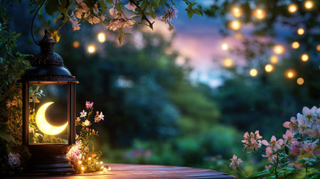 A captivating scene featuring a lantern with a moon design surrounded by flowers and soft lights in a serene garden, evoking an enchanting atmosphere perfect for relaxation.の素材