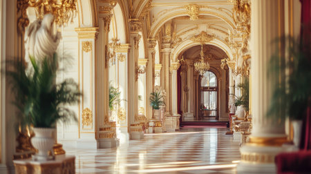 A stunning interior hallway showcasing intricate architecture and luxurious decor. The ornate details and elegant lighting create a royal atmosphere perfect for historical themes.の素材