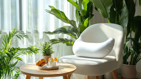 This image showcases a cozy indoor space featuring a comfortable chair and lush plants, creating a serene atmosphere perfect for relaxation and wellness.の素材