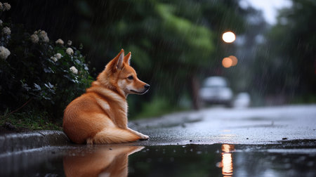 A serene scene featuring a calm dog sitting by a rainy road, with reflections on the wet pavement and surrounding greenery, evoking a tranquil atmosphere.の素材