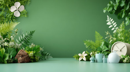 A serene and lush green background featuring various plants, flowers, and decorative items. Ideal for showcasing freshness and tranquility in design projects.の素材