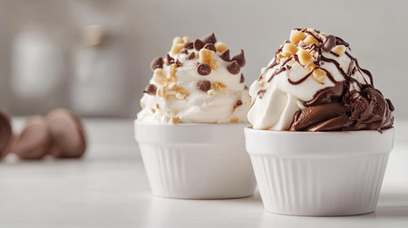 Savory image of two delightful ice cream servings in white bowls, one topped with chocolate drizzle and nuts, showcasing gourmet dessert aesthetics.の素材