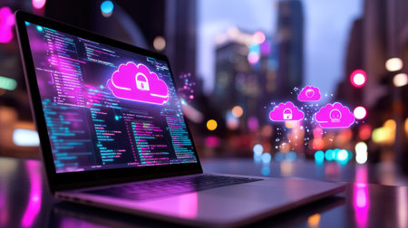 A modern laptop displays a vibrant cyber security interface with colorful cloud symbols. This image illustrates advanced data protection and encryption concepts.の素材
