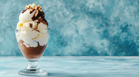 A delightful ice cream sundae featuring classic flavors and rich toppings, perfect for summer treats and dessert indulgence. Captivating presentation for any occasion.の素材